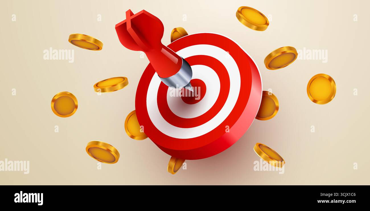 Red dart target icon with arrow and coins. 3d style design of business ...