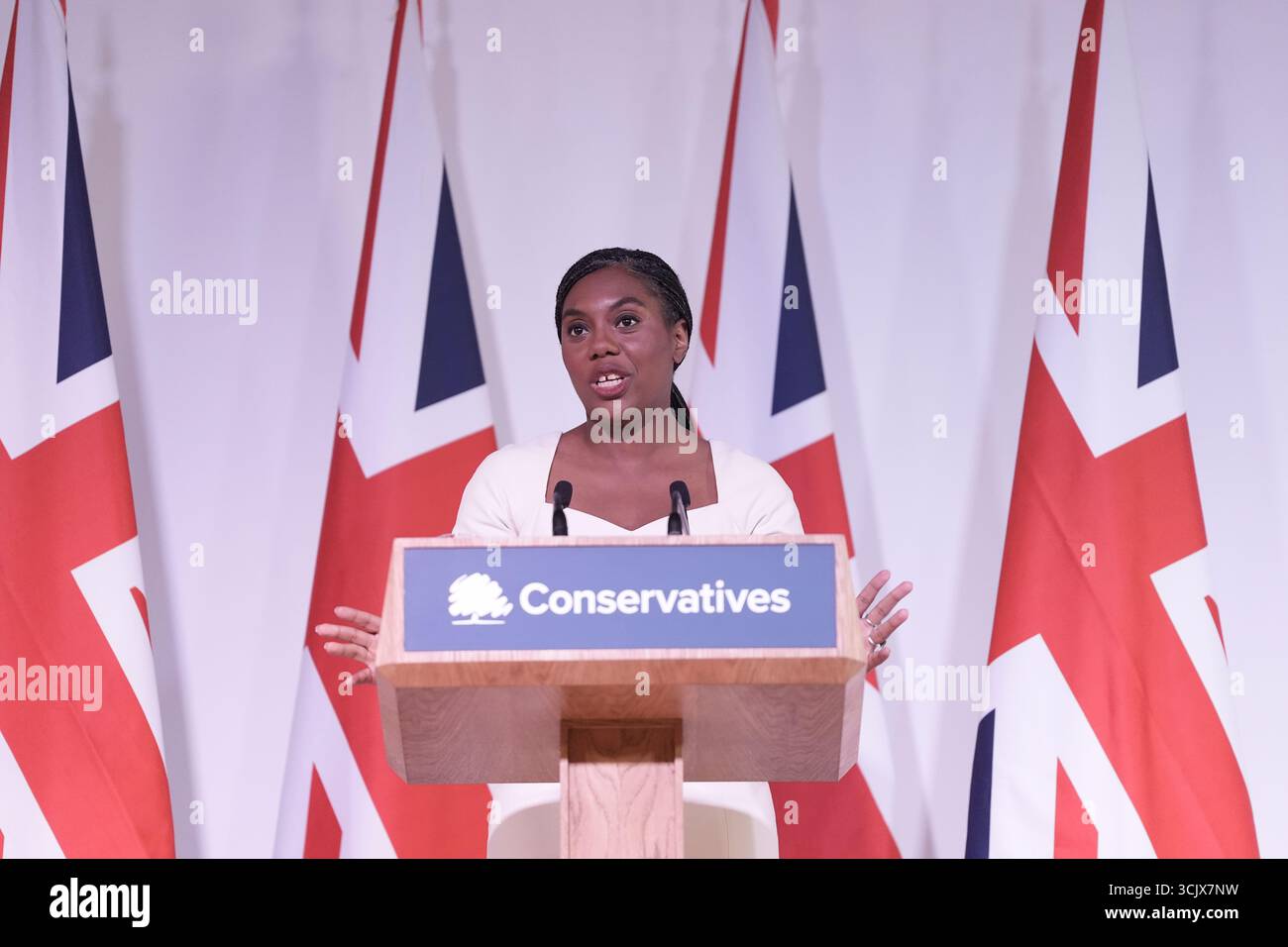 Conservative Party leader Kemi Badenoch delivers a speech at the ...