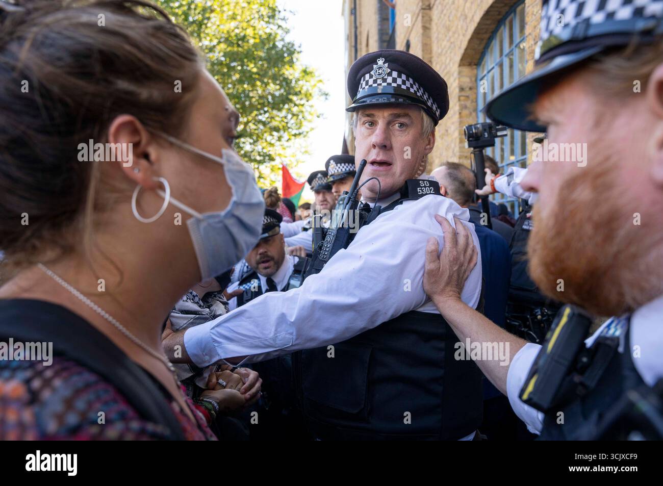 Demonstrators and police at a protest at the Defence and Security ...