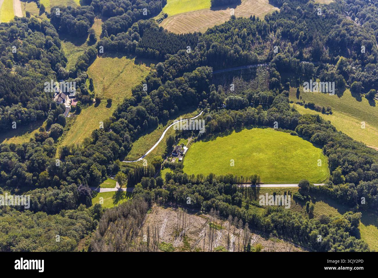 Aerial view, meadows and fields with forest area Ochsenkamp, river ...