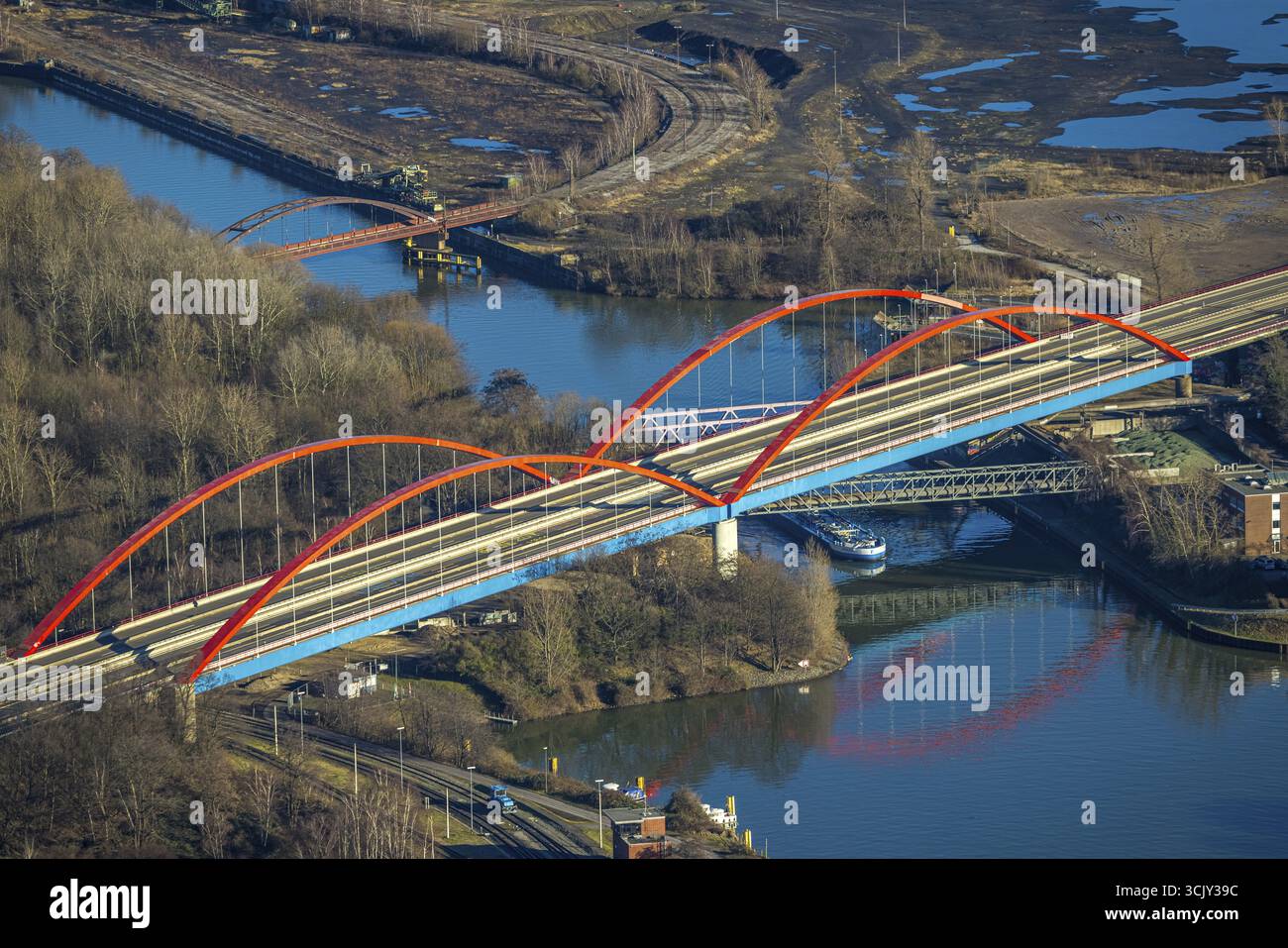 Red Ruhr Aerial view, closed Rhine-Herne Canal Bridge with red railing, red ...