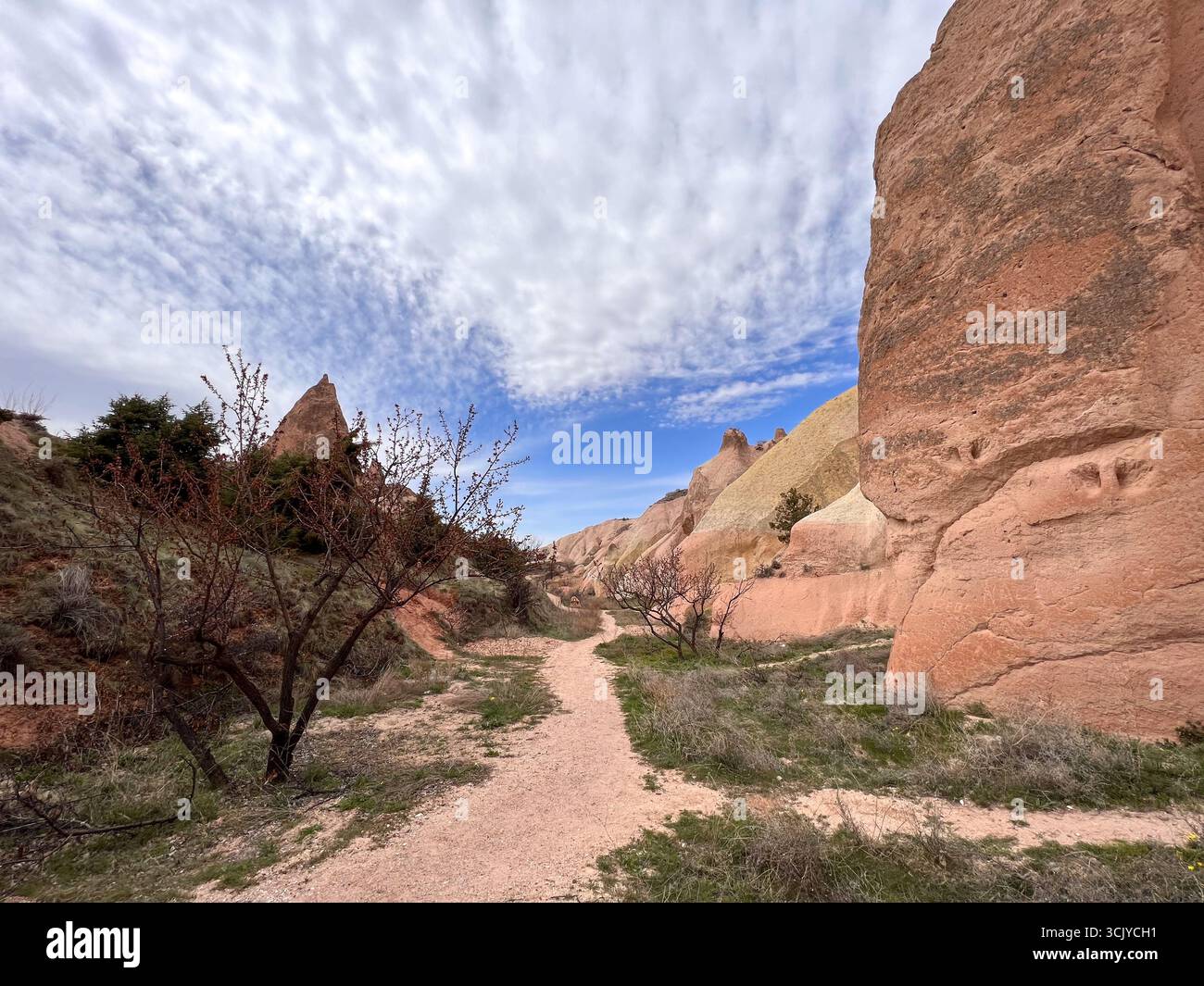 rocks that have undergone geological changes and a soil path between them Stock Photo