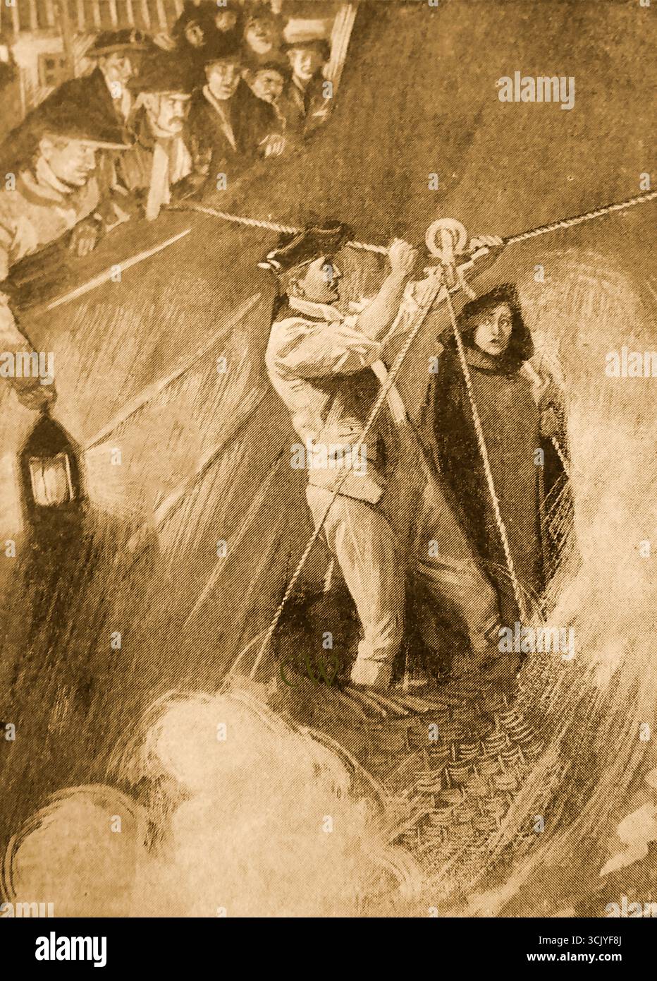 A female pssenger being transported between ships using a Breeches buoy , also known as a zip line or rocket line. Stock Photo