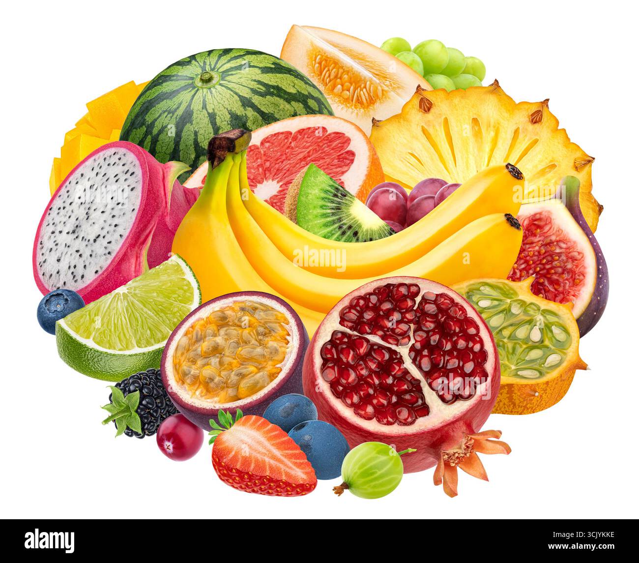Colorful assorted fruits isolated on white background with clipping ...