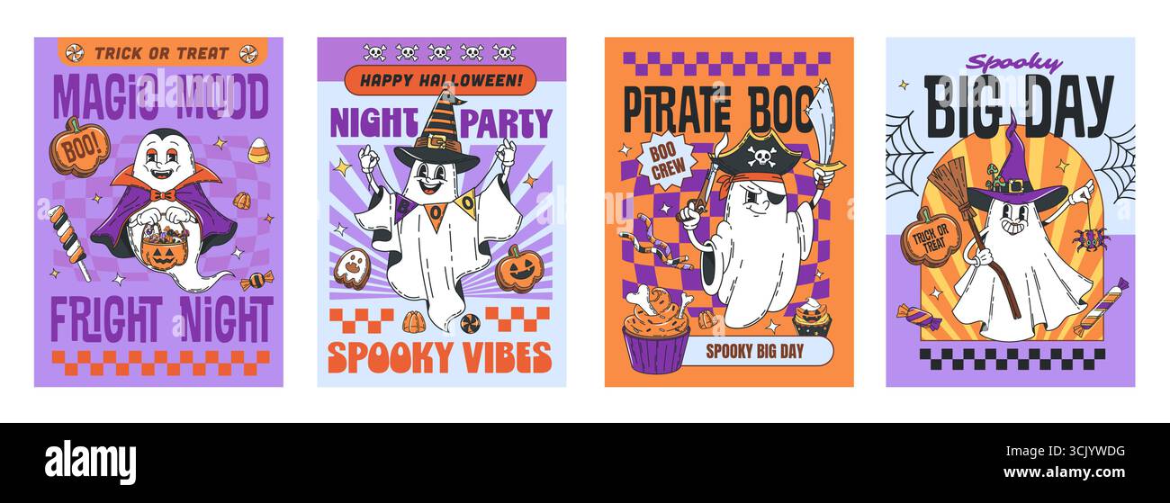 Groovy Halloween funny characters posters of vector horror ghost ...