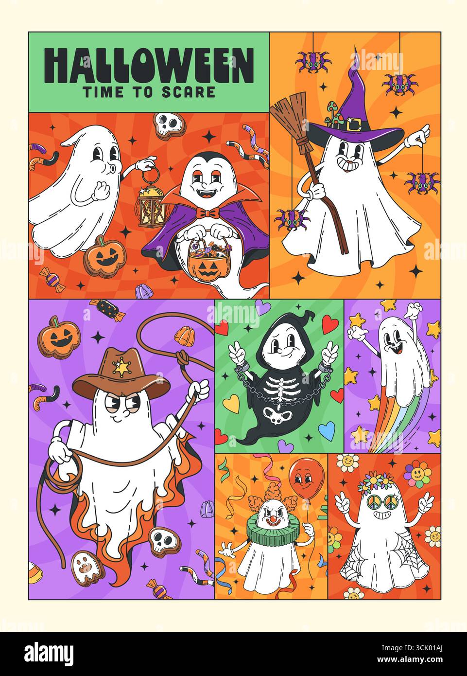 Halloween scary groovy characters posters. Playful retro collage ...