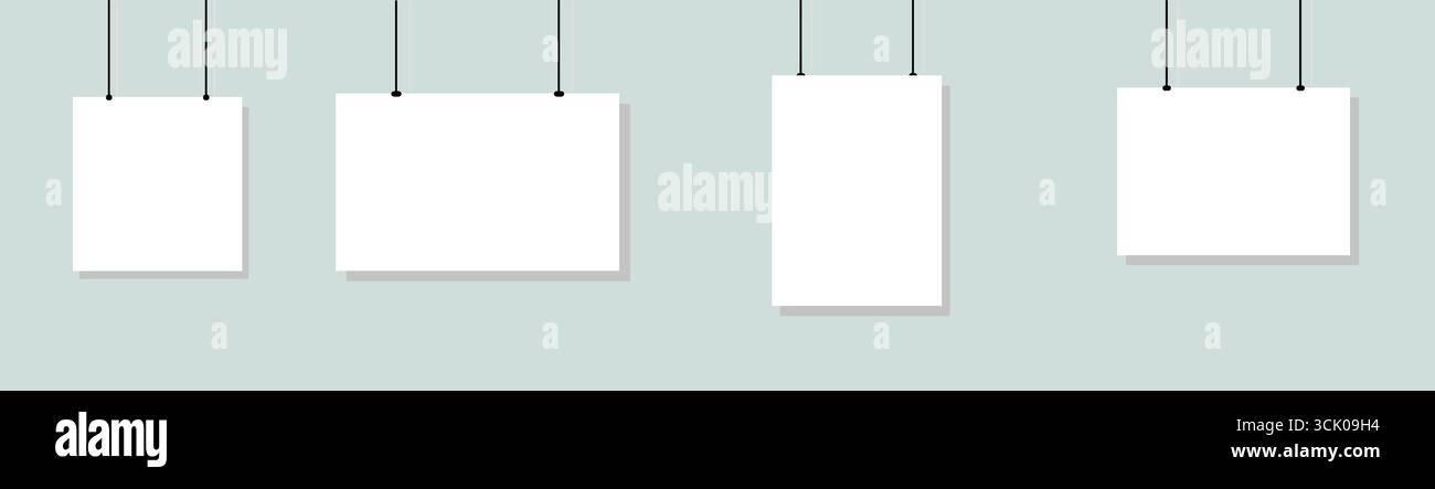 Blank hanging white vector poster frame set isolated on transparent background. Stock Vector
