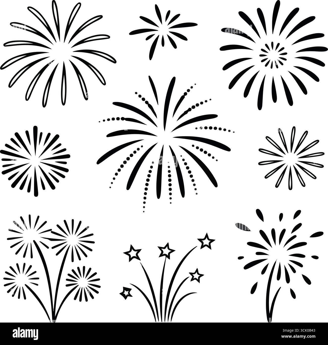 Black and white fireworks silhouette illustrations Stock Vector