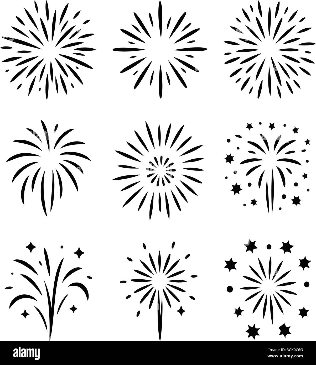 Black and white fireworks silhouette illustrations Stock Vector
