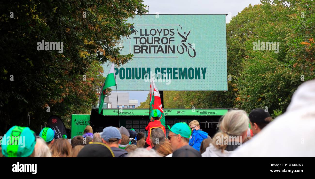 Viewing screen for the podium ceremony at the Tour of Britain 2025 cycle race - Final stage from Newport to Cardiff on the 7th September Stock Photo