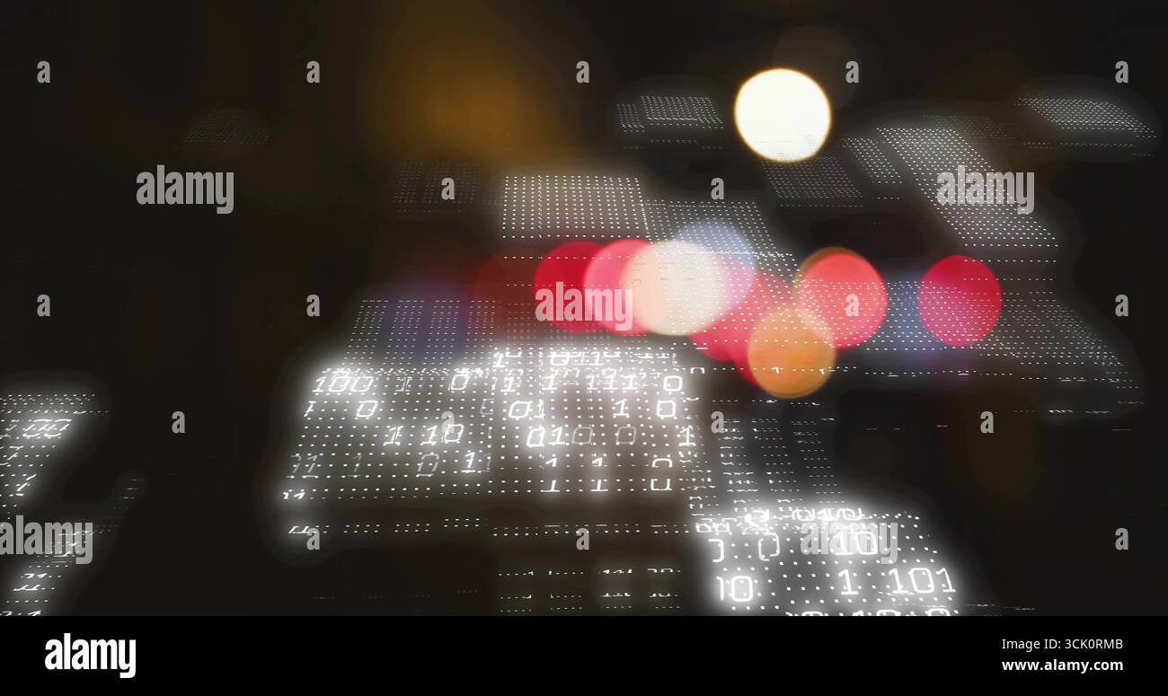 Floating binary code panels illuminating dark cyberspace, with red orange white bokeh circles Stock Photo