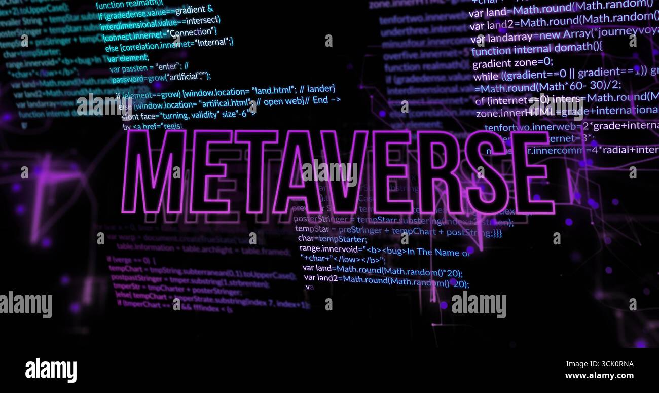 Hovering purple METAVERSE text in void, with white code, purple network lines and particle effects Stock Photo