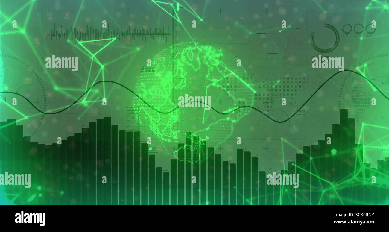 Displaying translucent 3D globe with network links on interface, with wavy graph and bar chart Stock Photo