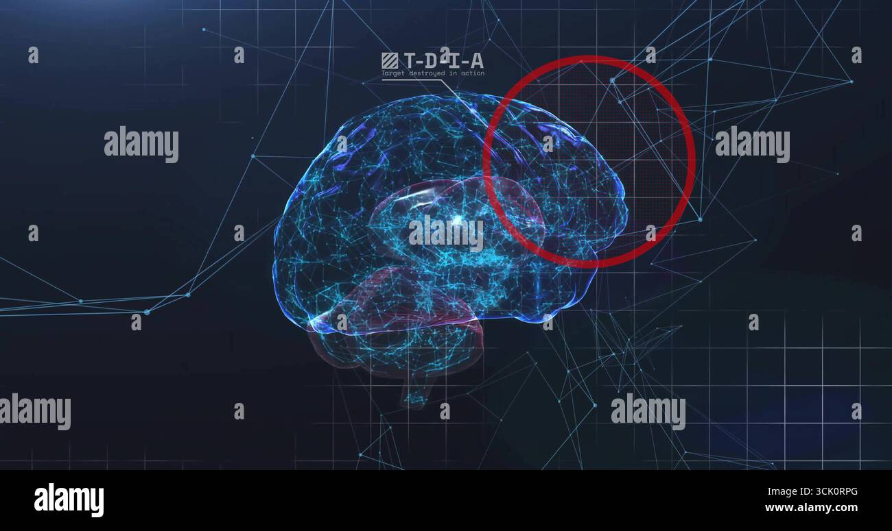 Floating wireframe brain on UI showing triangular mesh or grid highlighting red hemisphere, TDIA lab Stock Photo