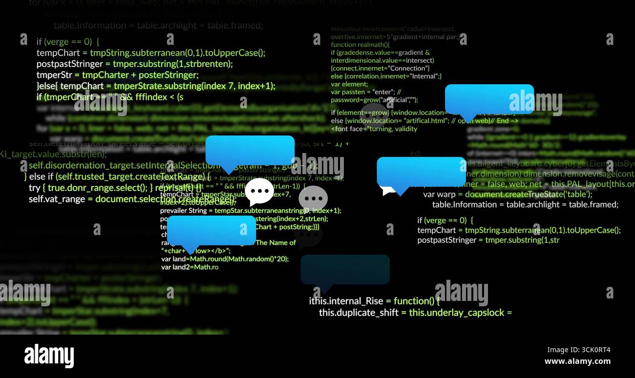 Displaying bright blue chat bubbles floating over code interface, with three-dot typing indicator Stock Photo
