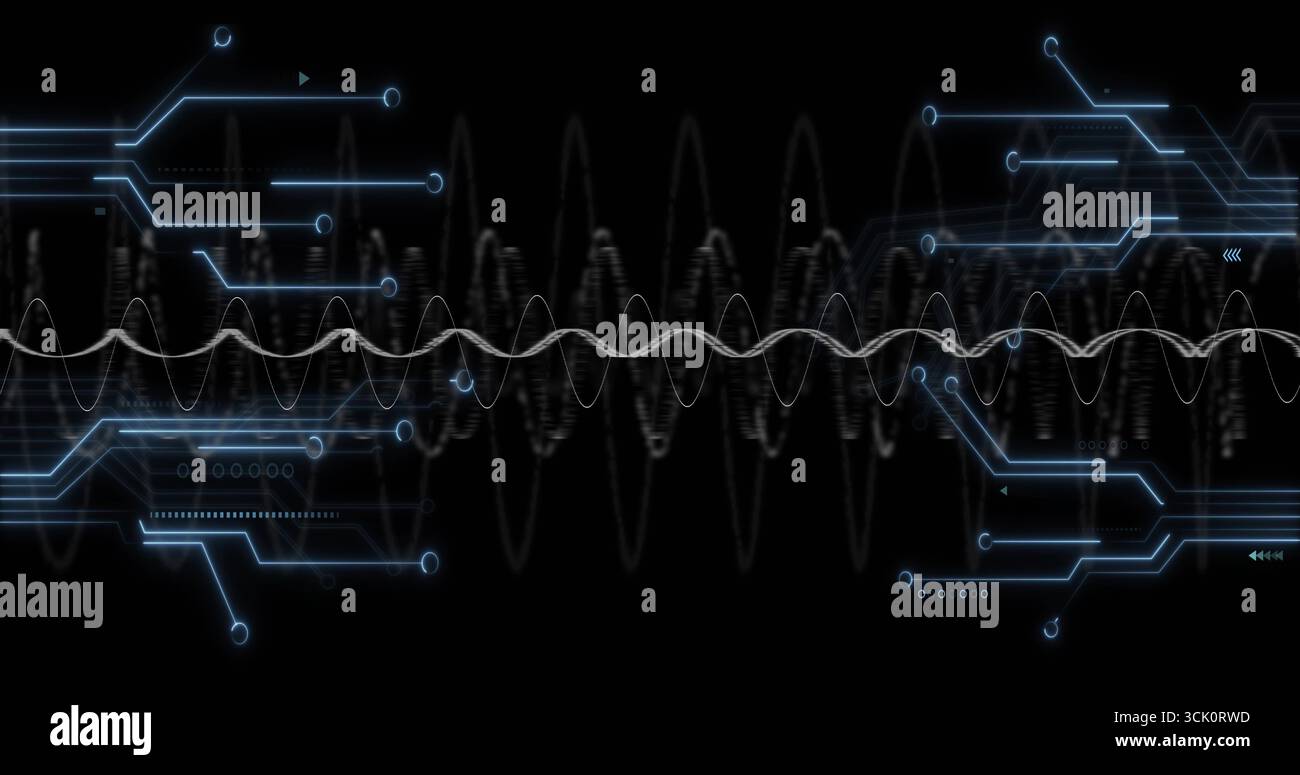 Presenting central white sinusoidal waveform across interface, with glowing blue circuit nodes Stock Photo