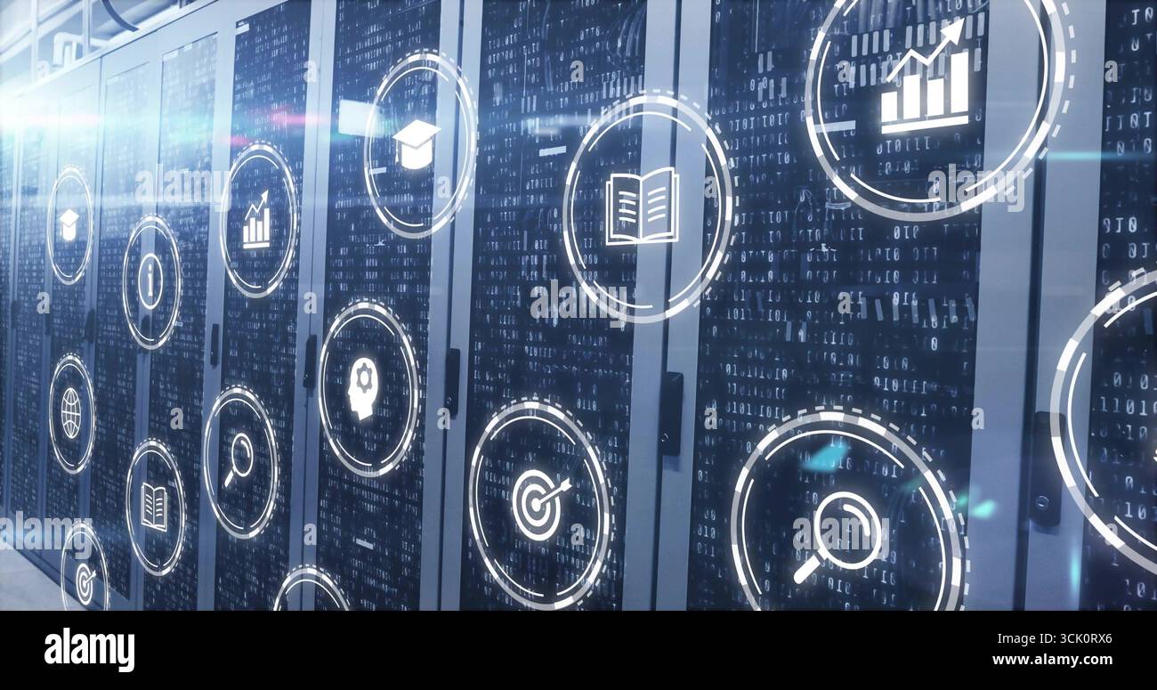 Showing server racks streaming binary code in data center, displaying floating analytics icons Stock Photo