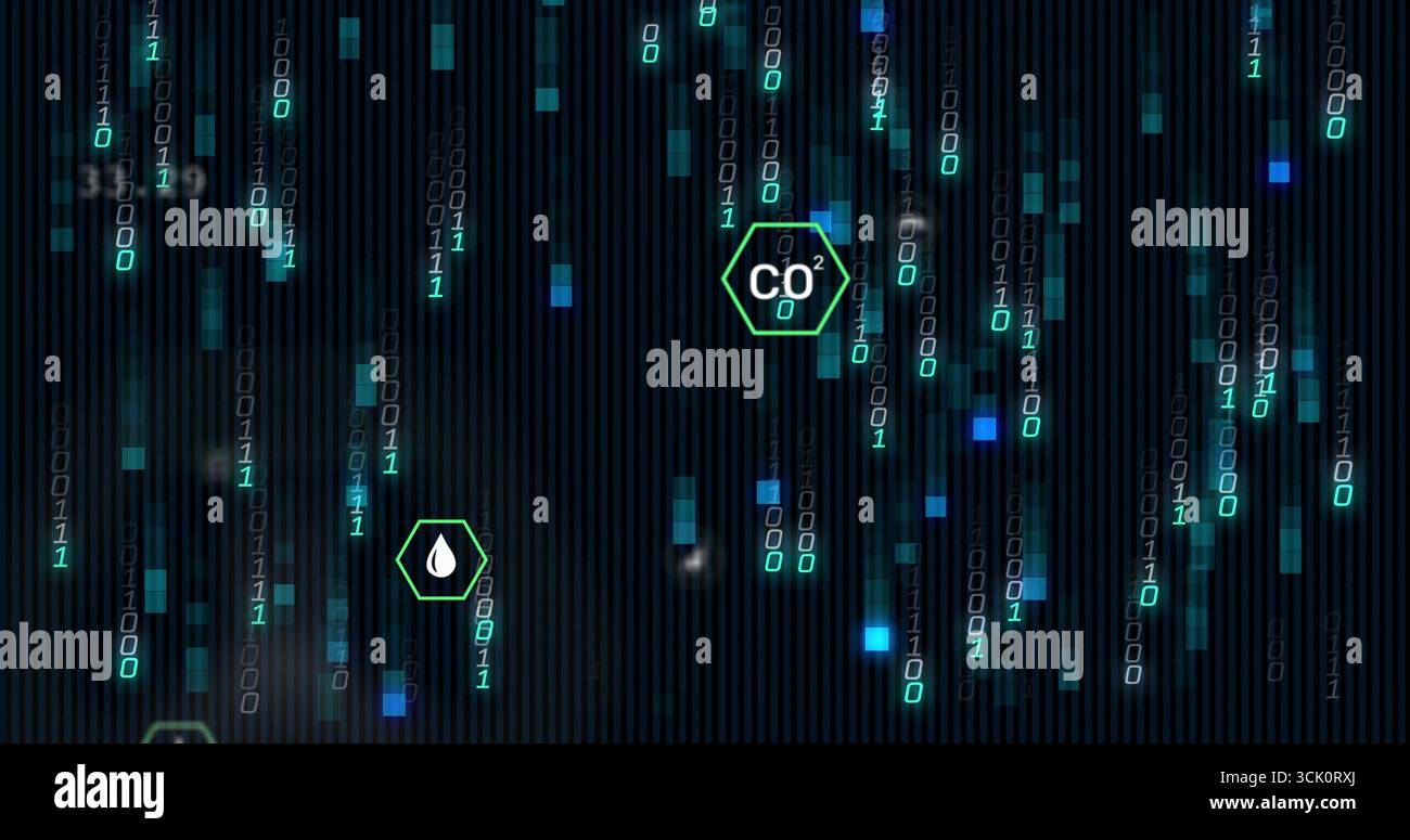 Displaying CO? and water hexagons drifting over data interface with binary streams glowing pixels Stock Photo