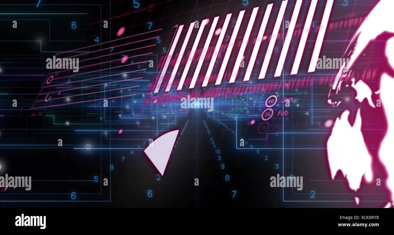 Displaying digital interface on glowing grid, with bar-chart stripes, triangle and pink globe Stock Photo