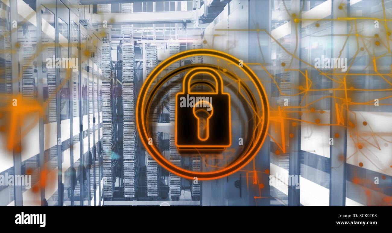Displaying orange padlock icon with network node lines hovering in data center, with server racks Stock Photo
