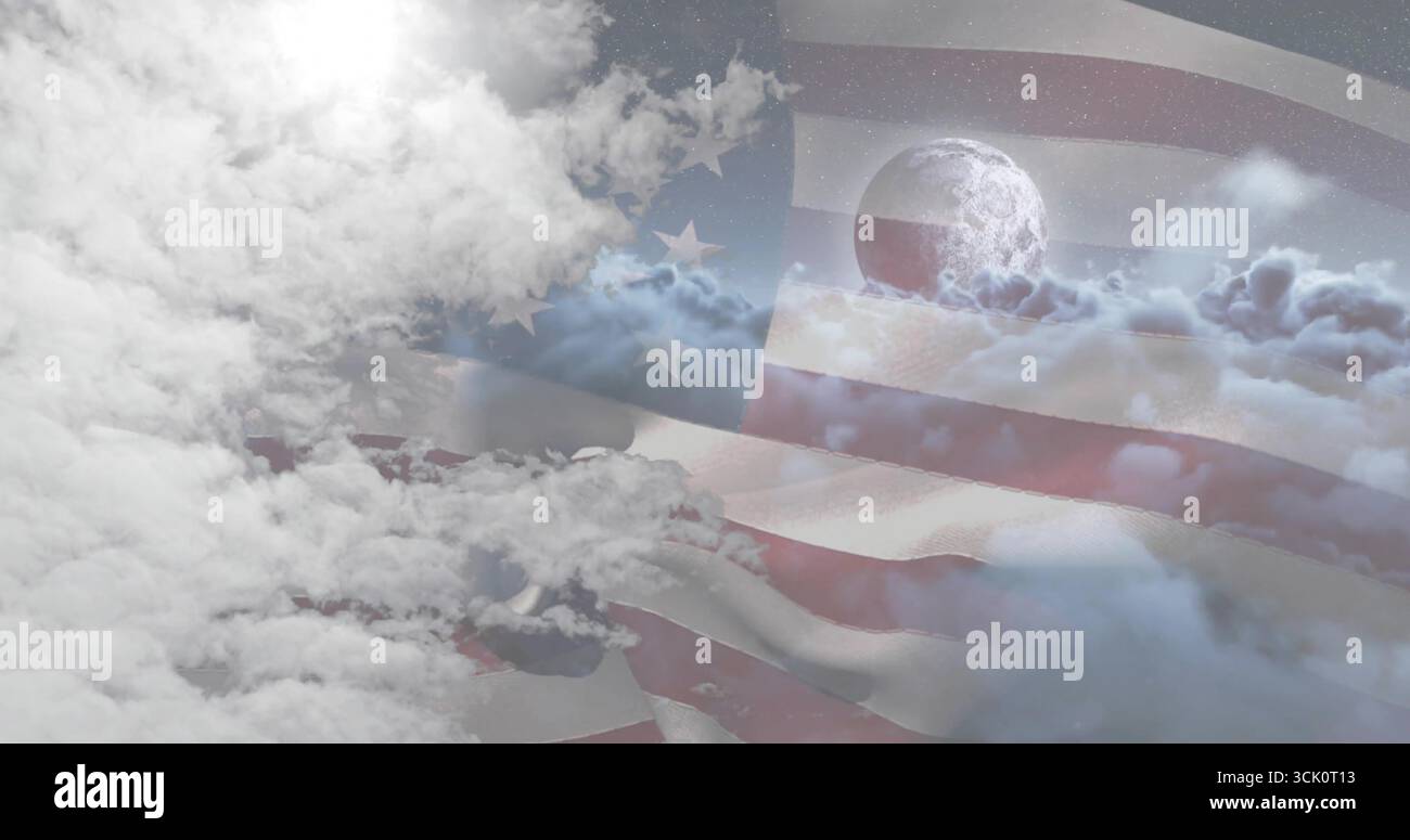 Waving American flag stretching across digital sky composite, with moon layered clouds stars Stock Photo