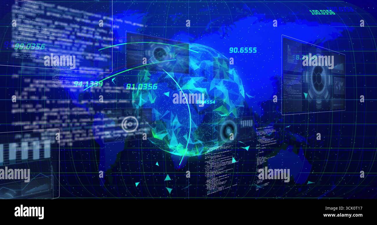 Rotating holographic globe over blue grid map, displaying code, numeric readouts and radar graphics Stock Photo