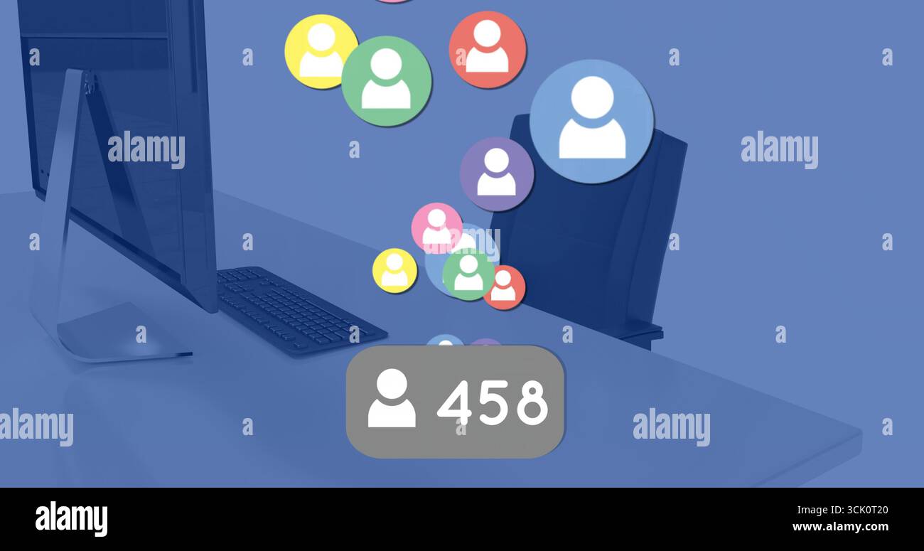 Displaying notification badge showing 458 user icons on office desk ...
