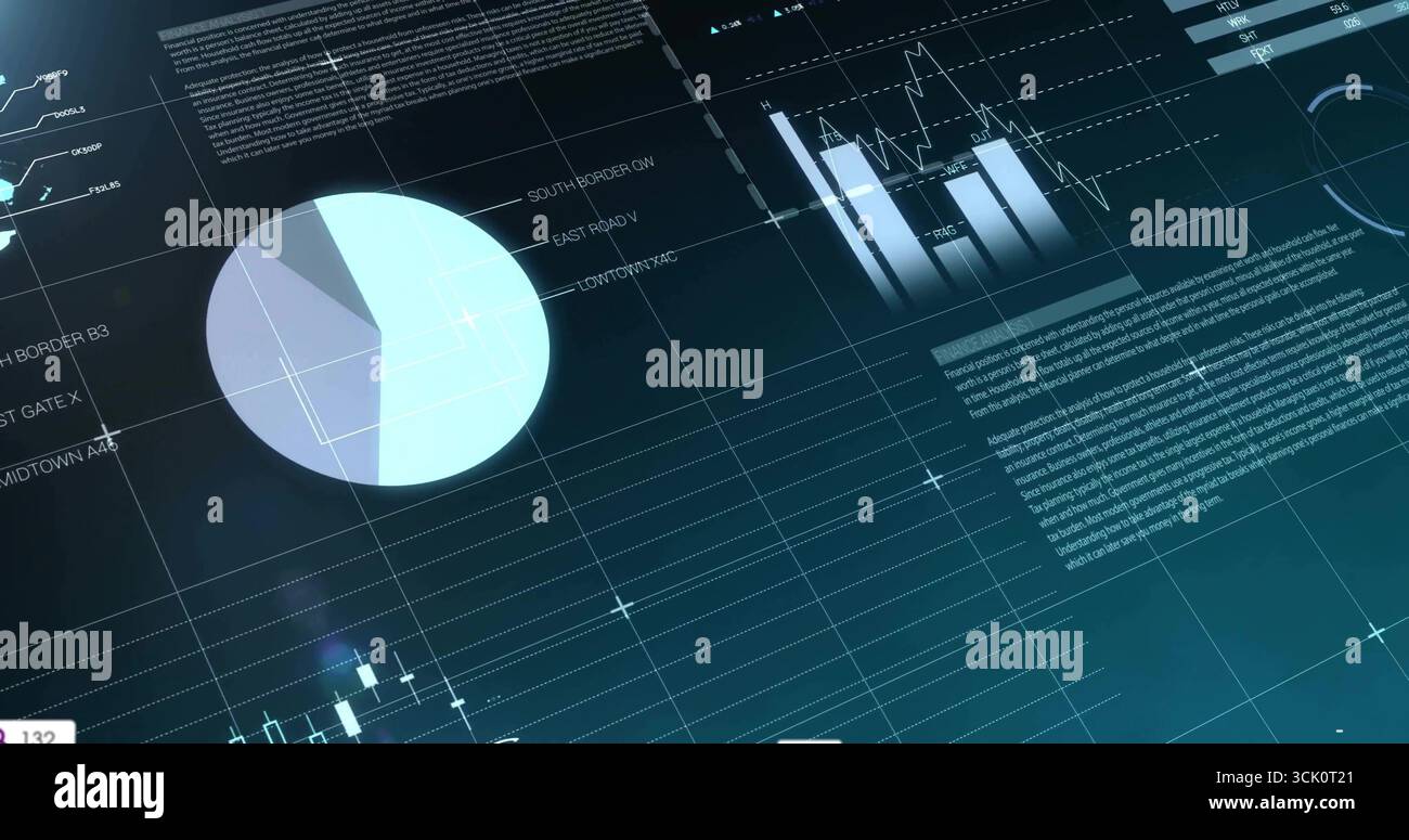 Displaying dashboard projecting data on dark grid surface, with pie, bar, line charts, annotations Stock Photo