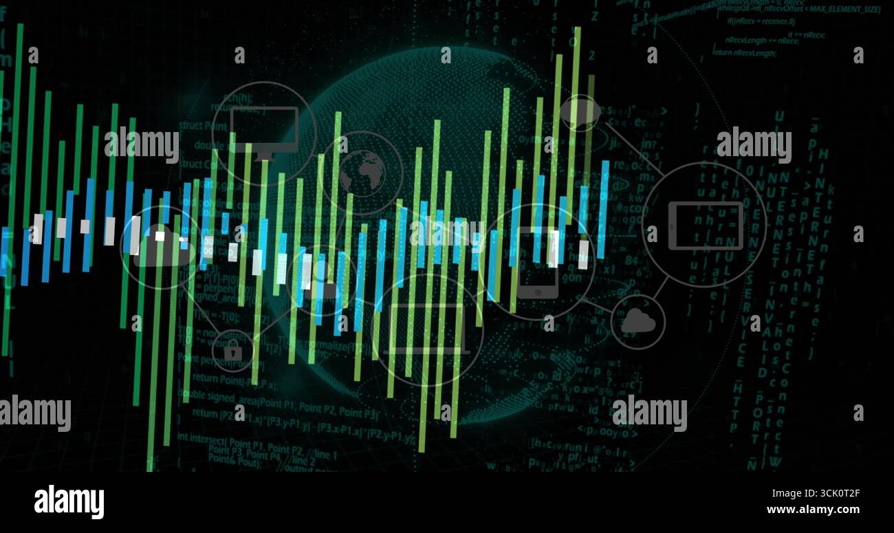Displaying data waveform bars around wireframe globe in dark digital interface, with icon overlays Stock Photo