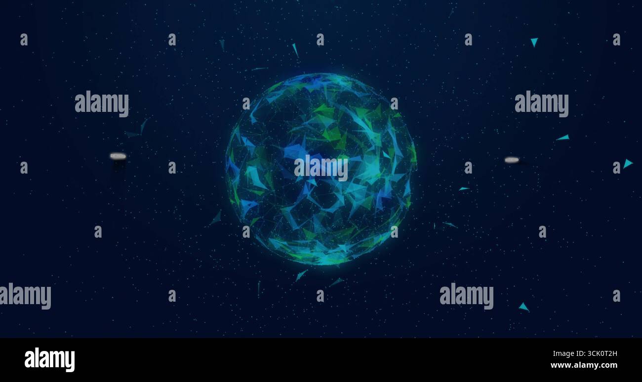 Floating wireframe sphere glowing in navy digital space, showing triangular shards and particles Stock Photo