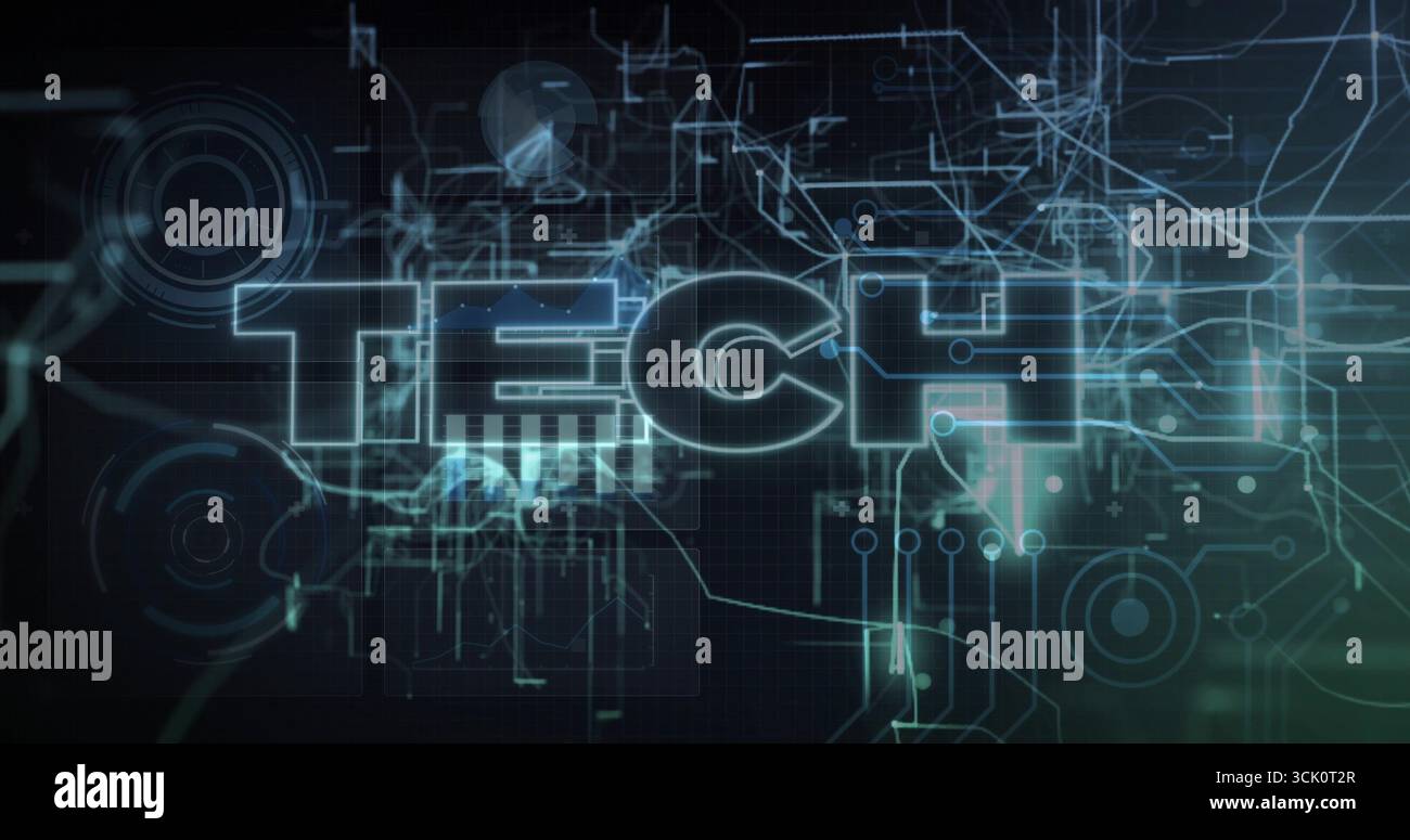 Displaying neon-blue TECH text in control panel, with grid overlay, circuit lines and data nodes Stock Photo