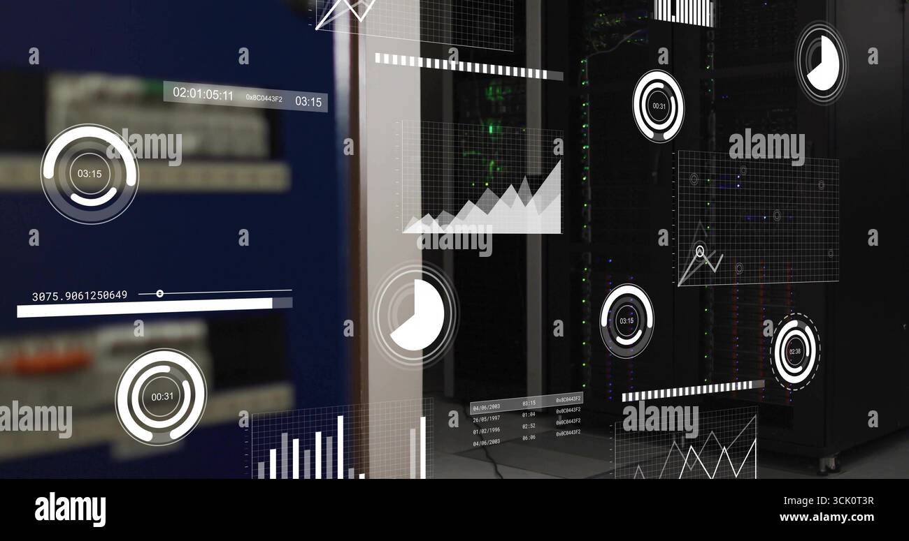 Displaying central server rack cabinet glowing status LEDs in data ...