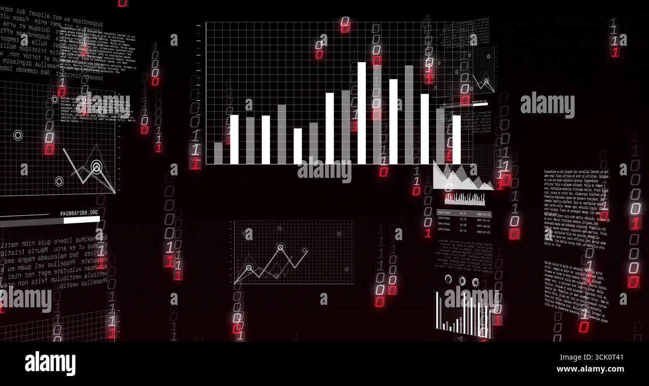 Displaying central bar chart floating over virtual grid dashboard, with line chart and binary code Stock Photo