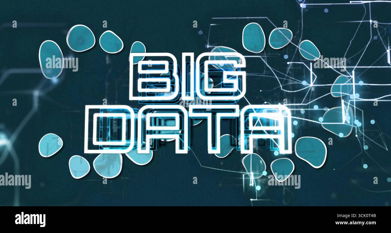 Displaying stylized text BIG DATA glowing across digital network environment, with cyan nodes theme Stock Photo