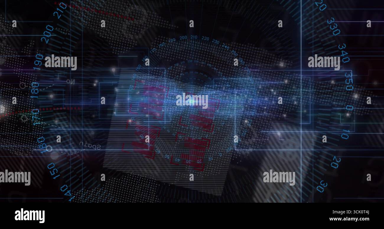 Displaying holographic data orb emitting lines on data interface with numeric ticks, data overlays Stock Photo