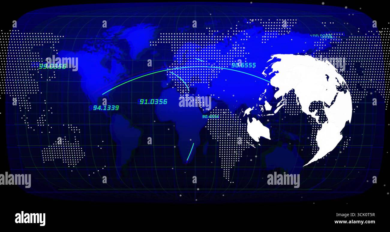 Displaying map in data dashboard with grid, dots, silhouette, numeric labels, teal arcs, copy space Stock Photo