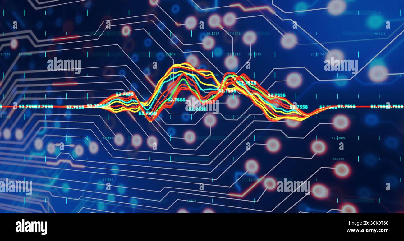 Displaying multicolor waveform graph on screen showing numeric labels, circuit traces, glowing orbs Stock Photo
