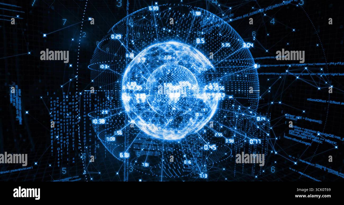 Floating holographic globe rotating within dark grid, orbiting numeric data rings and code snippets Stock Photo