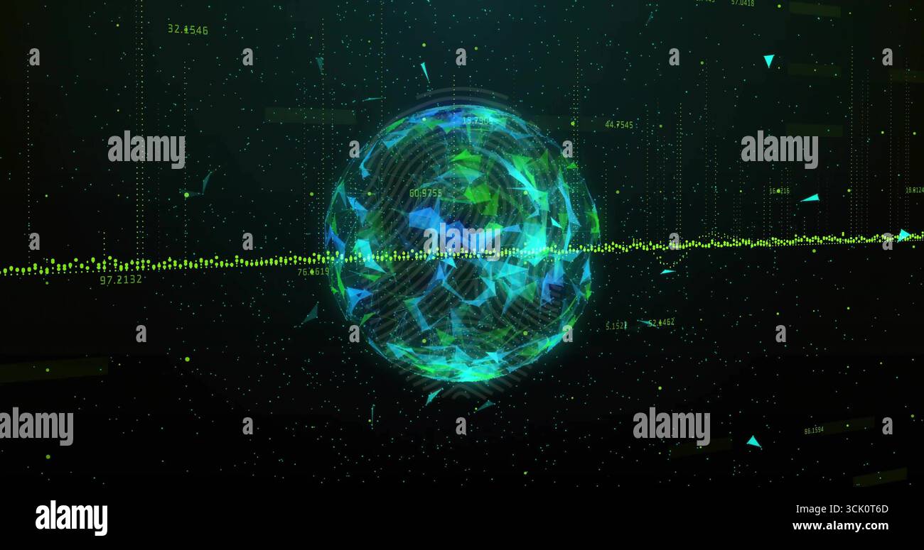 Floating neon polygonal sphere intersecting horizontal dataflow in cyberspace with numeric labels Stock Photo