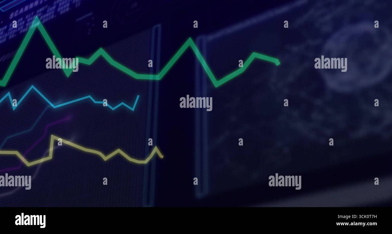 Showing colored line graphs on digital display in dimly lit control room, grid overlay map graphic Stock Photo
