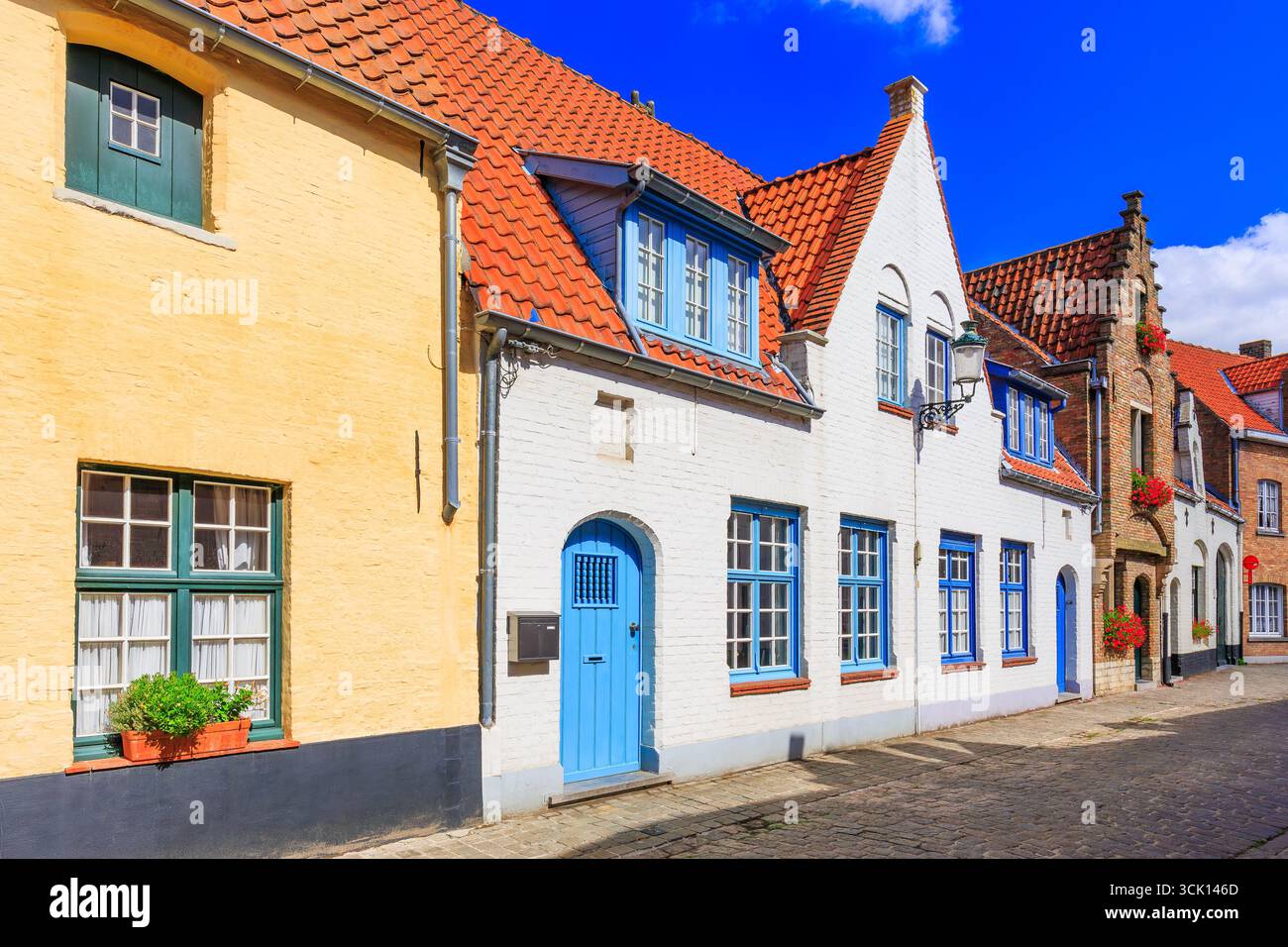 Bruges, Belgium. Cobbled street in the old town. Stock Photo