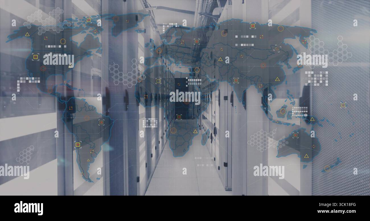 Displaying central server racks showing network overlay in secure data center, with LED lights Stock Photo