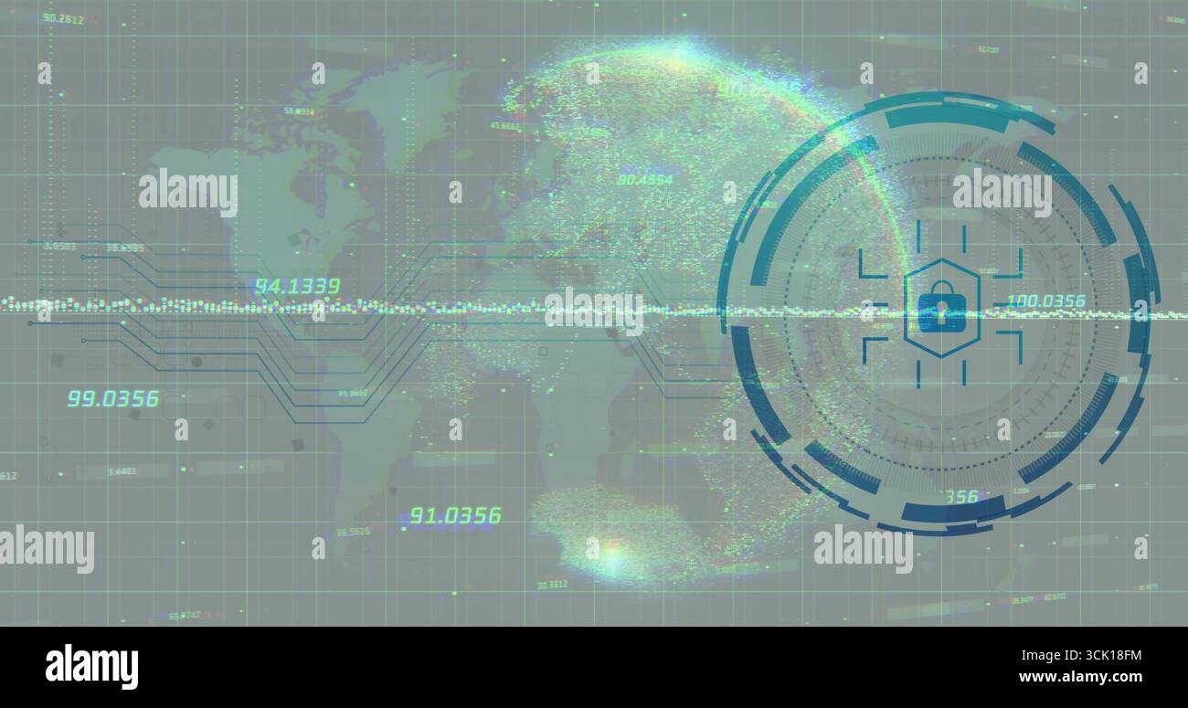 Displaying hexagon padlock icon overlaying world map on security panel with HUD stream, copy space Stock Photo