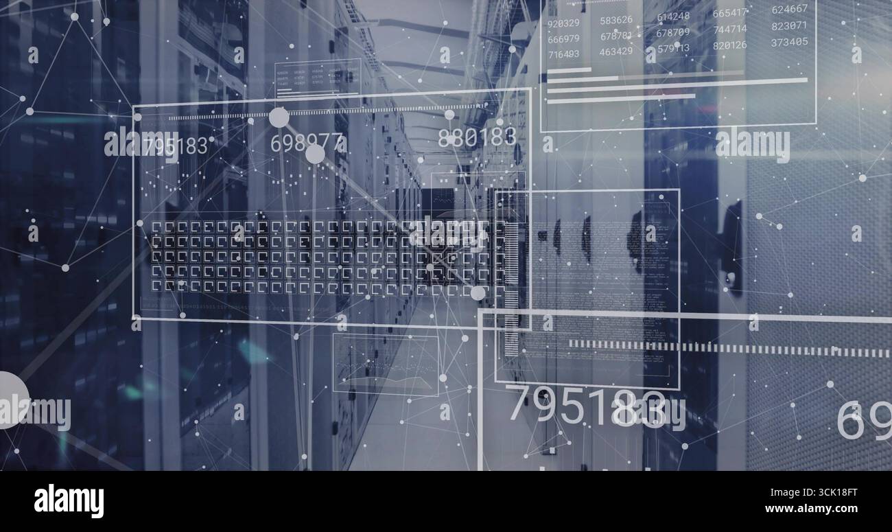 Displaying central server racks streaming numeric data at data center hallway with network cables Stock Photo