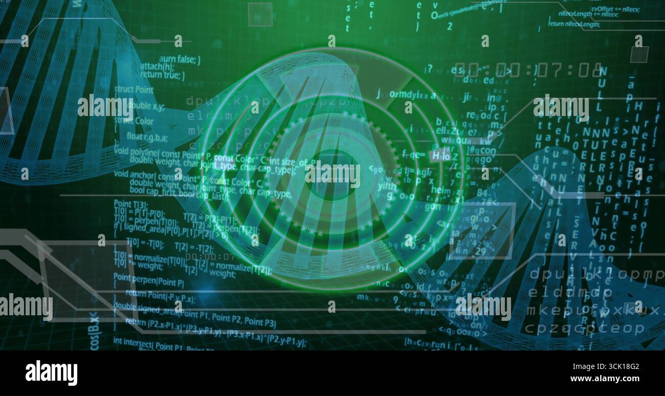 Featuring 3D eye-like form showing code in virtual interface with DNA helix, hexagonal wireframes Stock Photo
