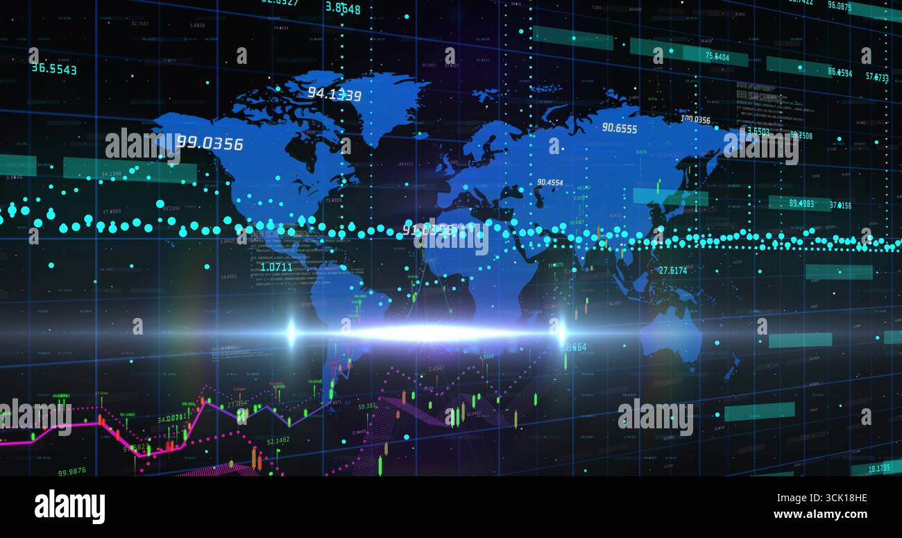 Displaying digital world map glowing on virtual trading dashboard, with candlestick chart elements Stock Photo