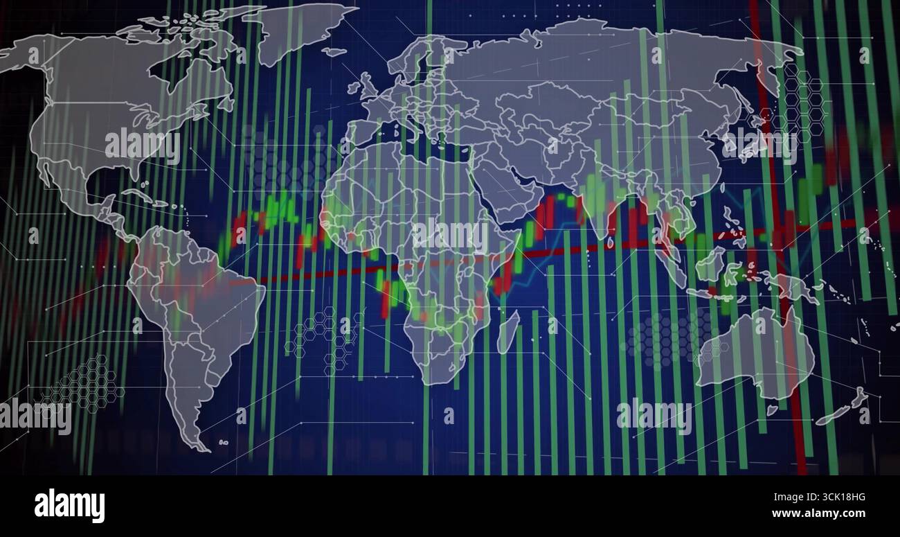 Displaying global market charts on trading display, with map outlines and candlestick bars Stock Photo
