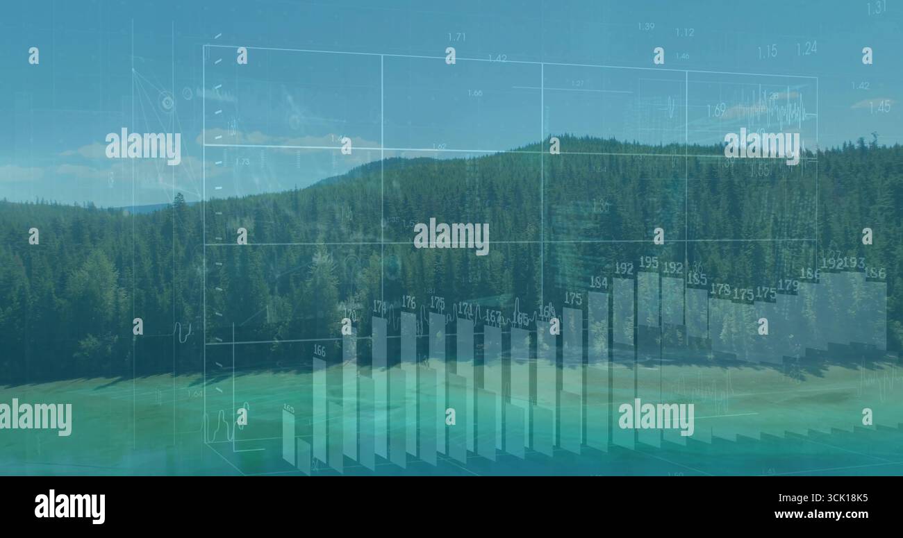 Displaying 3D bar graph with numeric labels and line chart over lake with forest, hills, analytics Stock Photo