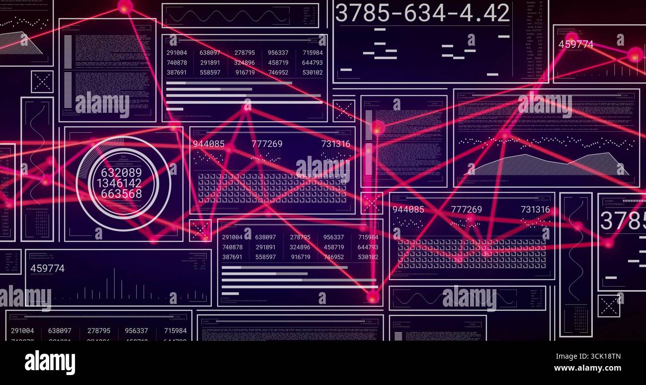 Displaying dashboard with numeric readouts, charts and glowing pink nodes in interface Stock Photo