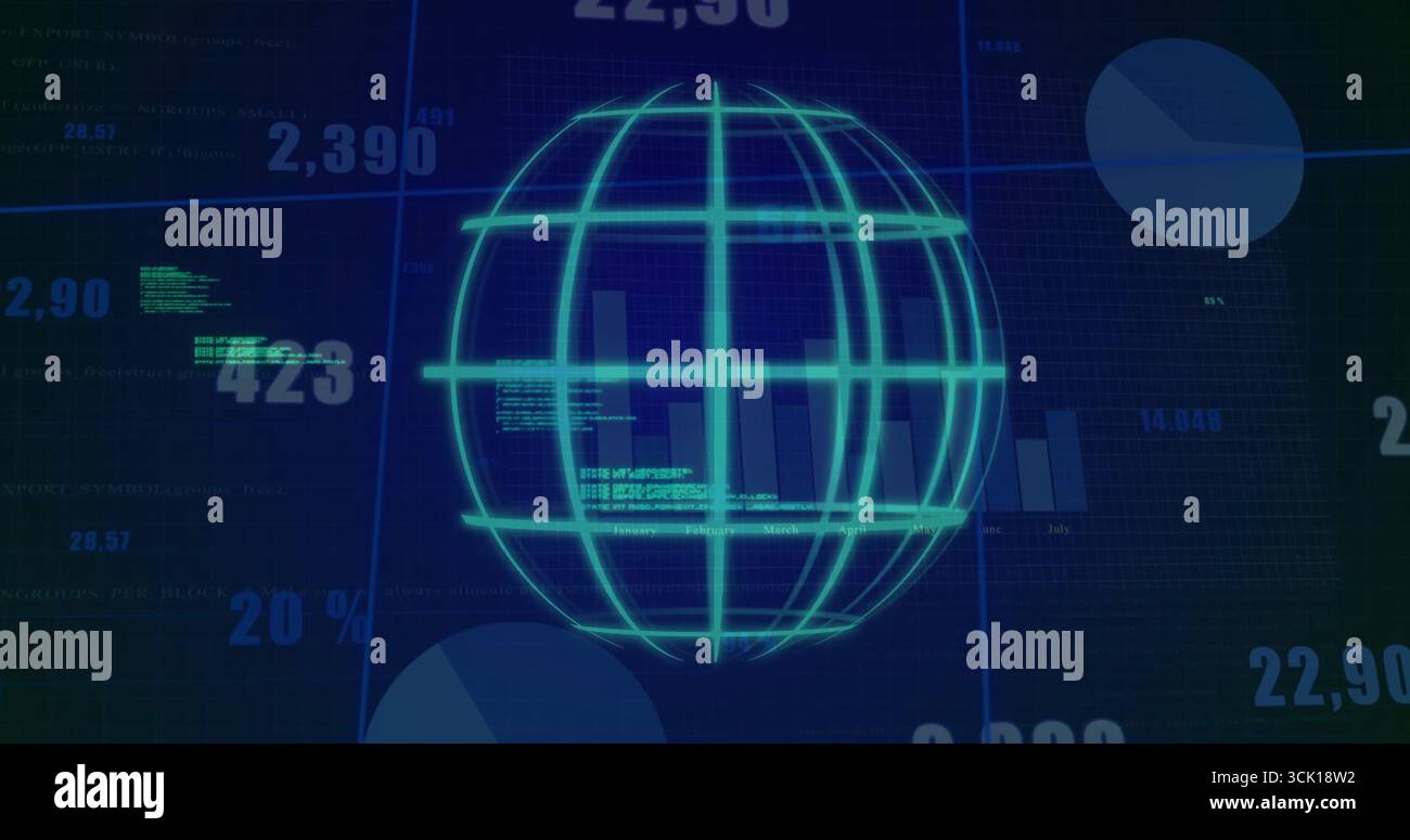 Floating wireframe globe rotating in analytics panel with bar and pie segments and numeric overlays Stock Photo